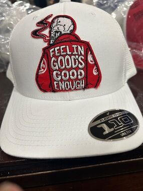 Feelin Goods Good Enough White Mesh Trucker Hat.